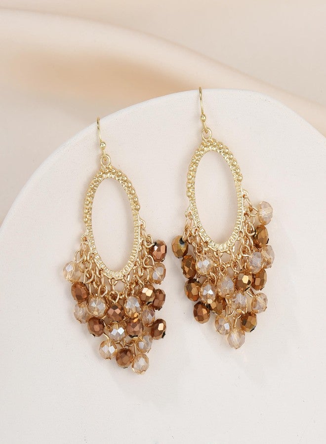 Xalroco Gold/Silver Oval Shape Dangle Earrings with Colorful Tier Beads, Vintage Handmade Geometric Drop Earrings with Crystal Beads Cluster Jewelry Gift for Women (brown) - Image 3